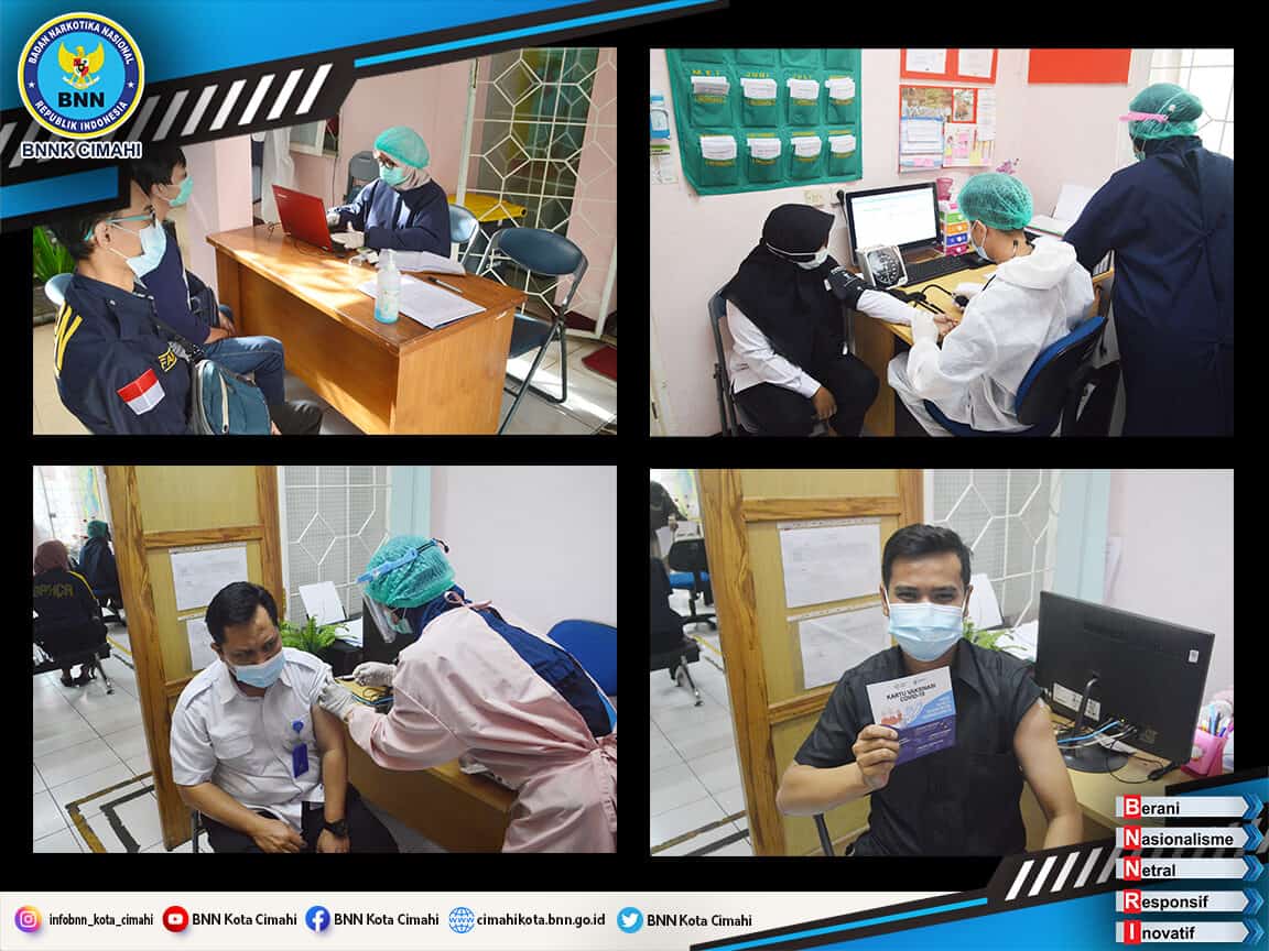 Dukungan dalam mengatasi Covid-19, Pegawai BNN Kota Cimahi melaksanakan Vaksinasi di Puskesmas Cimahi Utara Vaksinasi Anggota BNN Cimahi