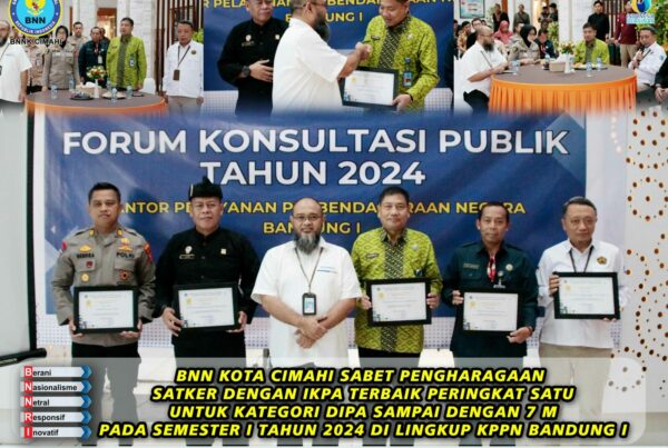 BNN KOTA CIMAHI SABET PENGHARAGAAN SATKER DENGAN IKPA TERBAIK PERINGKAT SATU UNTUK KATEGORI DIPA SAMPAI DENGAN 7M PADA SEMESTER I TAHUN 2024 DI LINGKUP KPPN BANDUNG I