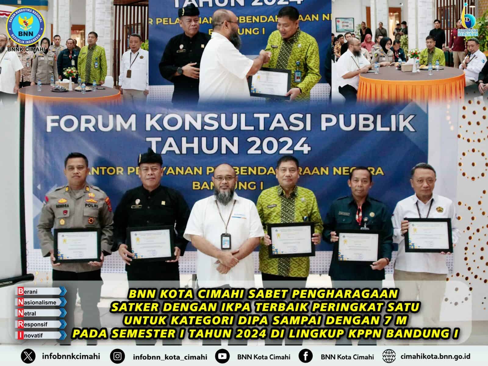 BNN KOTA CIMAHI SABET PENGHARAGAAN SATKER DENGAN IKPA TERBAIK PERINGKAT SATU UNTUK KATEGORI DIPA SAMPAI DENGAN 7M PADA SEMESTER I TAHUN 2024 DI LINGKUP KPPN BANDUNG I